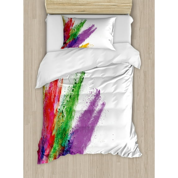 Colorful Duvet Cover Set Twin Size, Colored Powder Splash Like Illustration on Plain Background Art Print, Decorative 2 Piece Bedding Set with 1 Pillow Sham, White and Multicolor, by Ambesonne