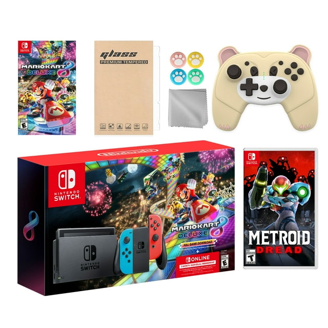 Nintendo Switch Mario Kart 8 Deluxe Bundle: Red/Blue Console, Mario Kart 8 & Membership, Metroid Dread, Mytrix Wireless Pro Controller Peary Yellow Bear and Accessories