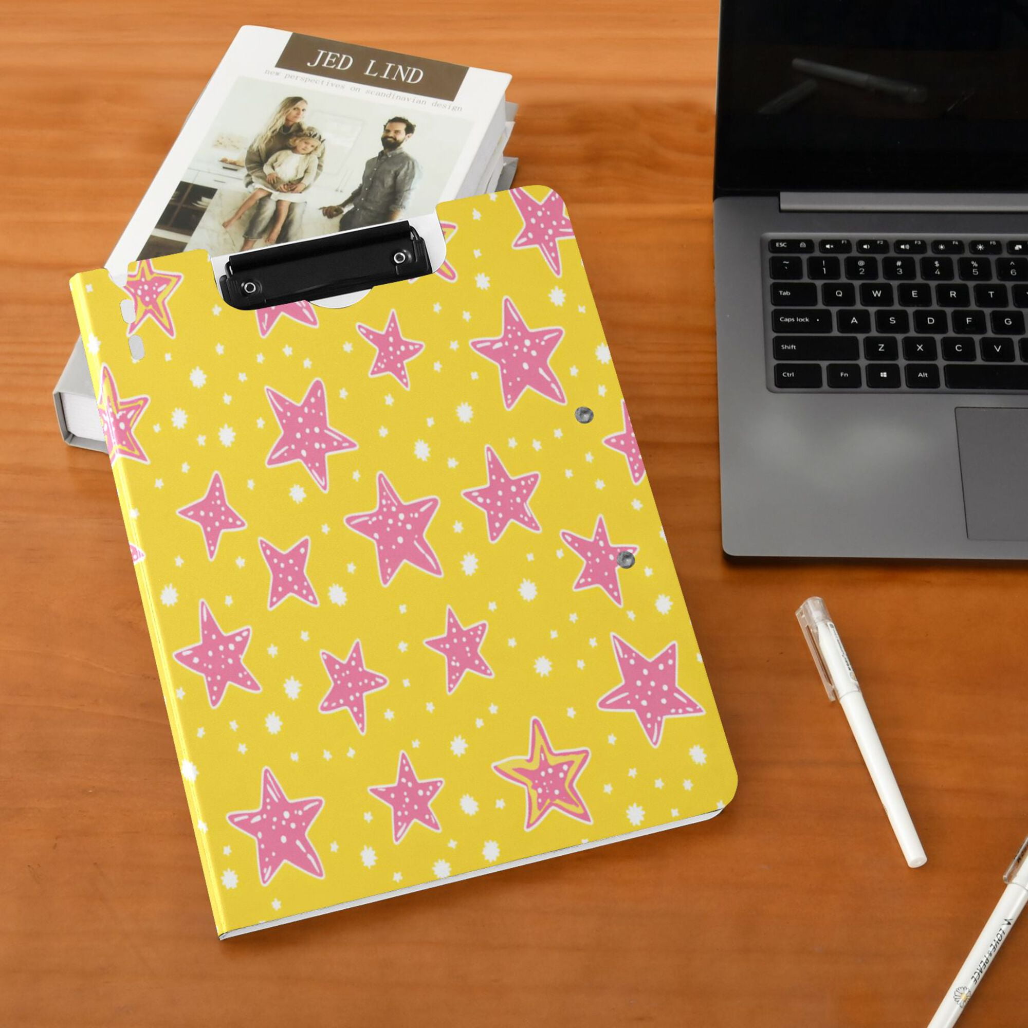 FORMRS A4 Clipboard Folder with Pen Holder Horizontal Foldable School Office Binder, Big Pink Stars Pattern