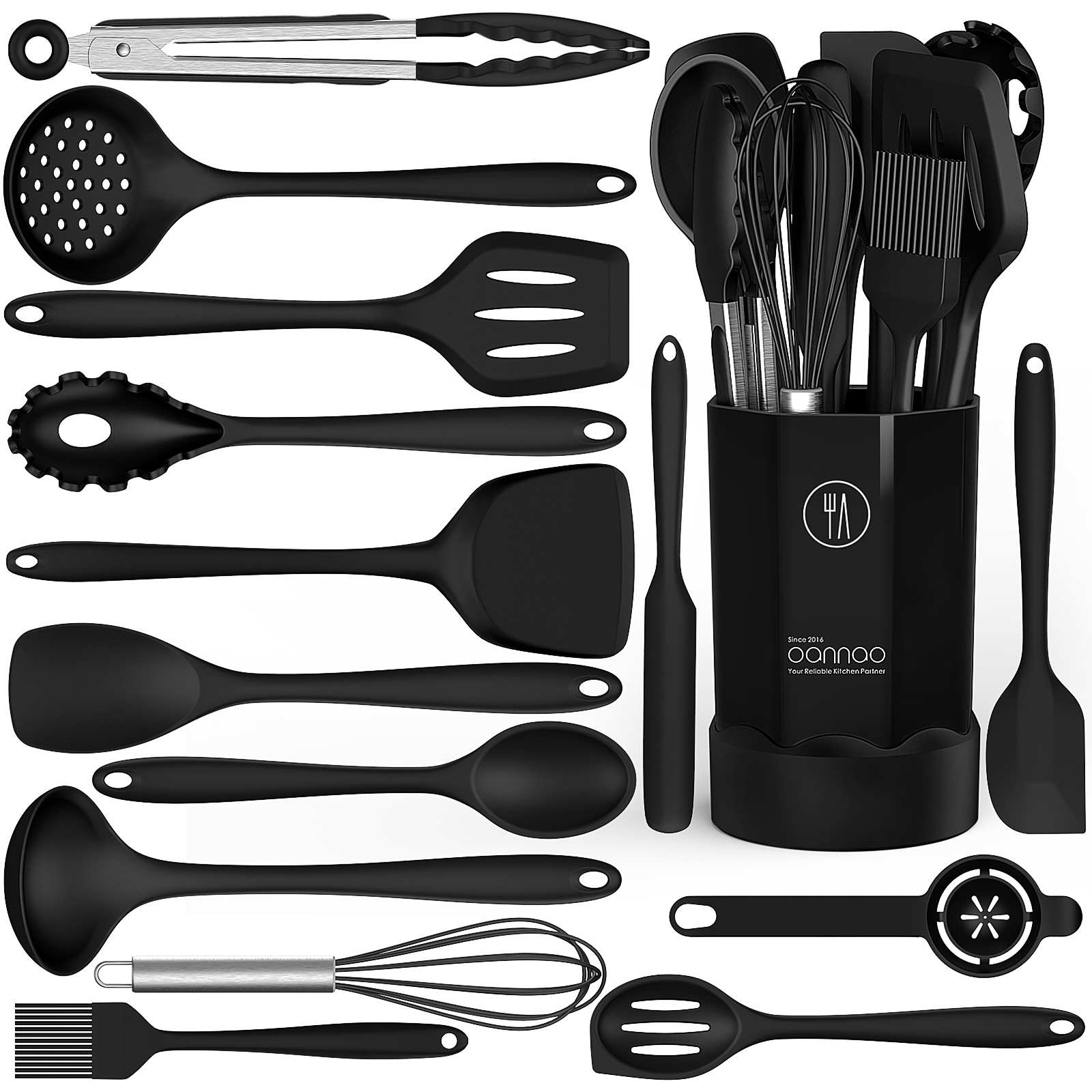 oannao 15-Piece Silicone Cooking Utensils Set, Black photo 1