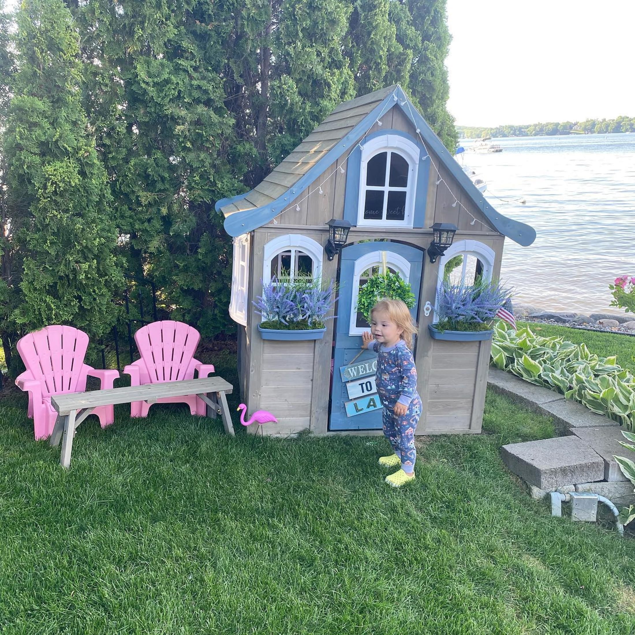 KidKraft Forestview II Wooden Outdoor Playhouse with Ringing Doorbell, Bench and Kitchen