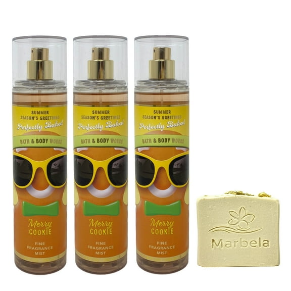 Bath & Body Works Merry Cookie 3 Pack Fragrance  Mist Bundle with a Wild Jasmine Bar Soap - Full Size