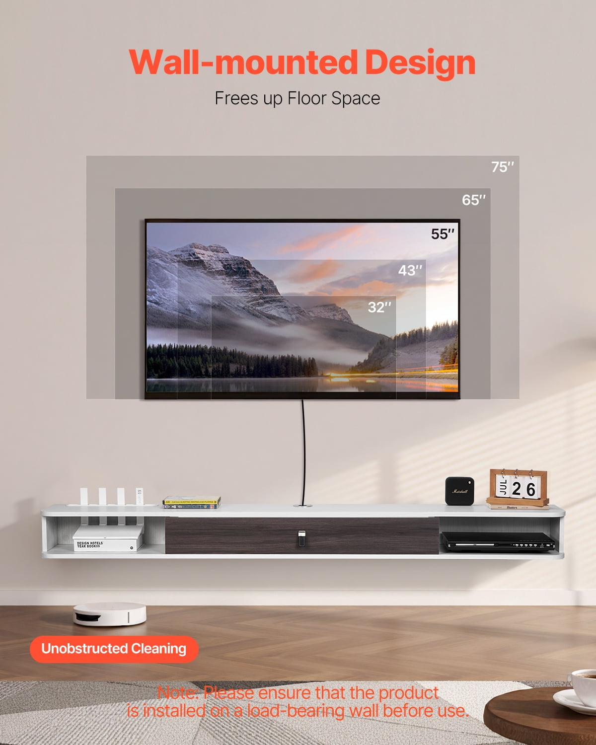 VEVOR Floating TV Stand, 70 in Wall Mount Entertainment Center with Cable Hole, Modern Floating TV Shelf with Storage Cabinet, Particle Board Console for DVD Player, Cable Box, Game Console, White
