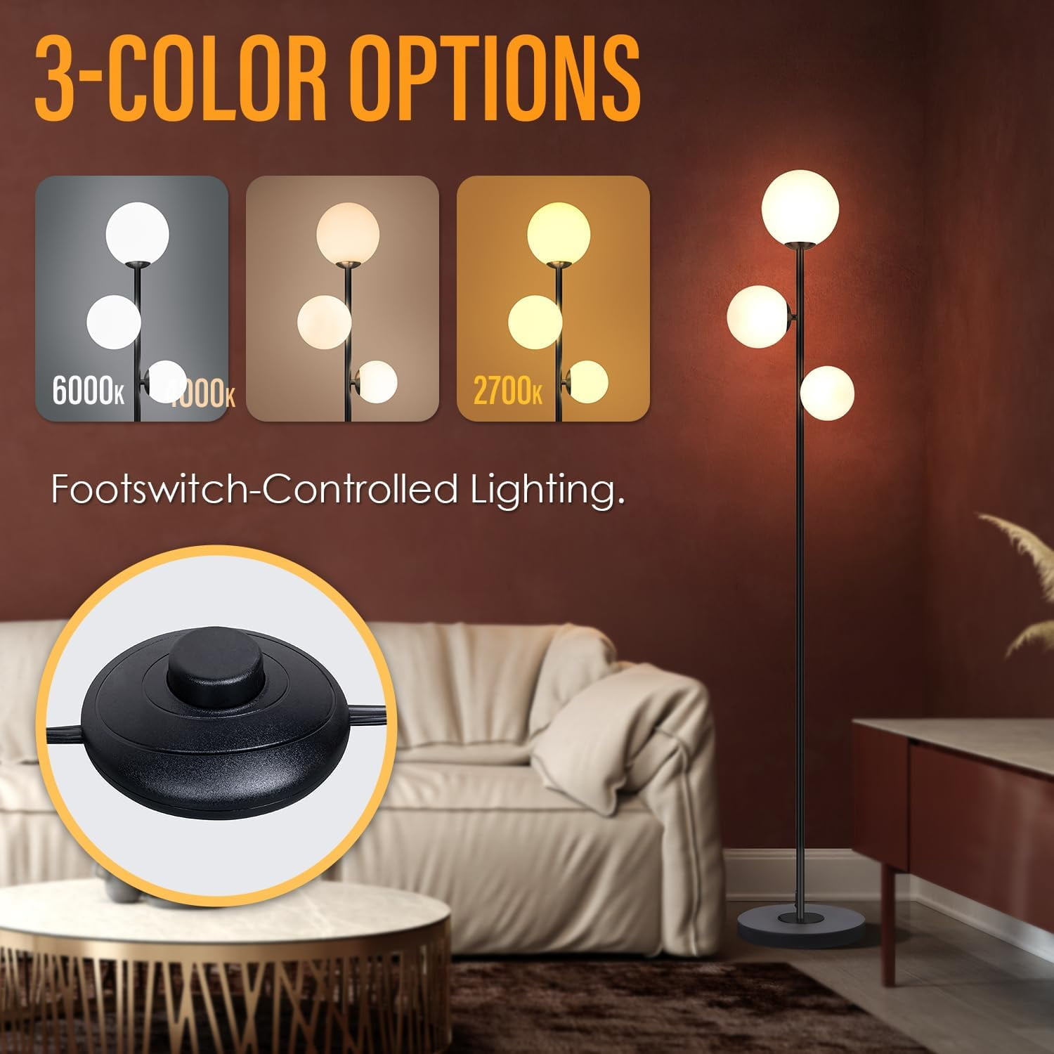 3 Globe Eclectic Floor Lamp - 3 Color Options Moderm Floor Lamps for Living Room, Mid Century Standing lamp Home Decor for Bedrooms Office(Matte Black, LED Bulbs Included)