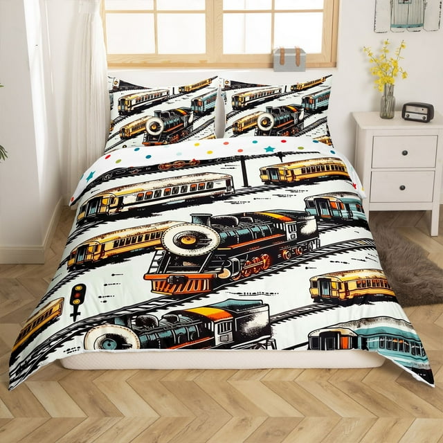 Erosebridal Vintage Train Comforter Cover Full, Railway Bedding Full Size, Steam Engine Decor, Reversible 3 Pieces(No Comforter)