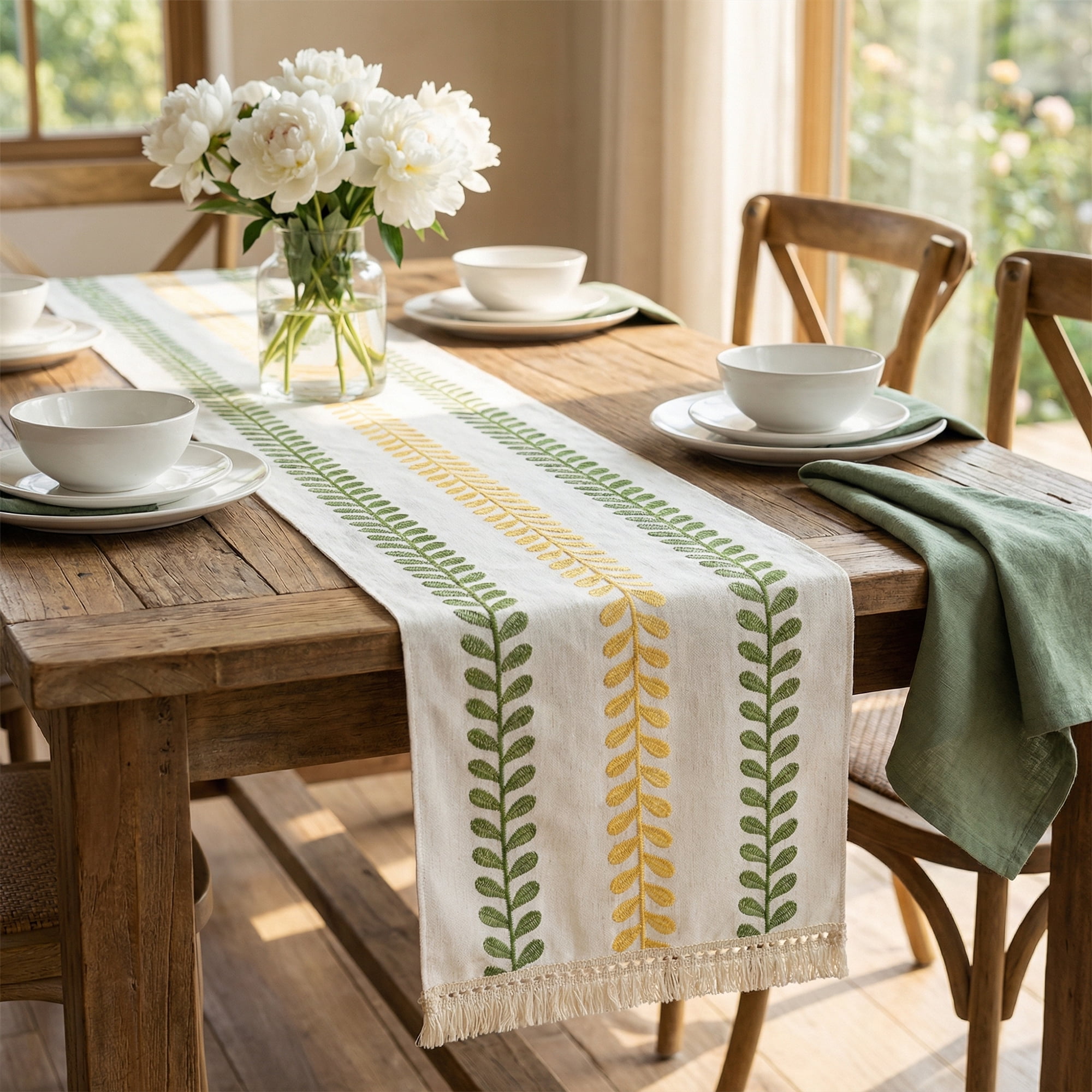 Unique Bargains Polyester Floral with Tassel Table Runner for Kitchen Decor Green 15.4"x106.3"