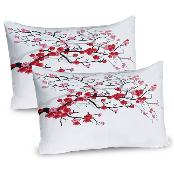 Ambesonne Japanese Pillow Sham 2 Pack, Blossoms Sakura Plant, 30"x20", Dark Brown Dark Coral