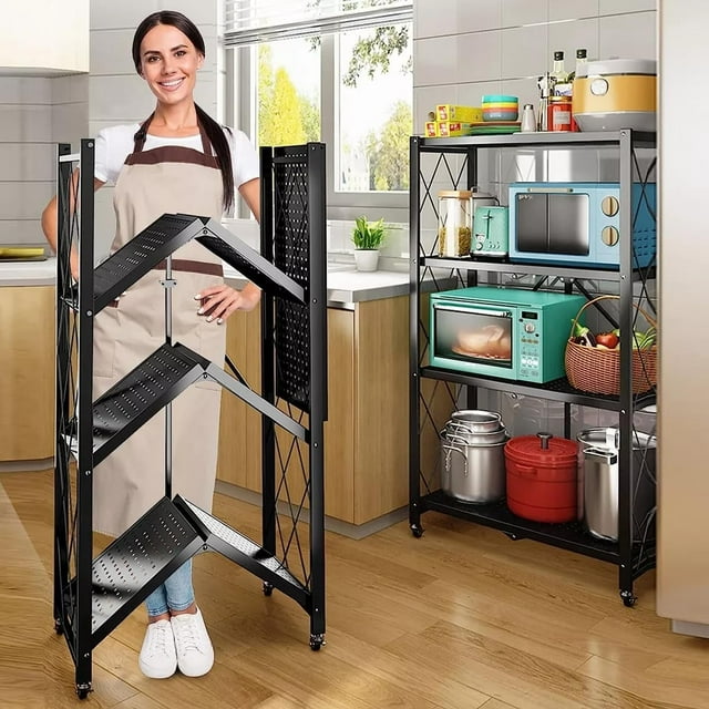4 Tier Storage Shelves Unit, Foldable Garage Shelving Metal Wire Shelf Rack, No Assembly Baker Rack Organizer Microwave Stand for Kitchen, Basement, Pantry, Laundry Room (4 tire Shelf)