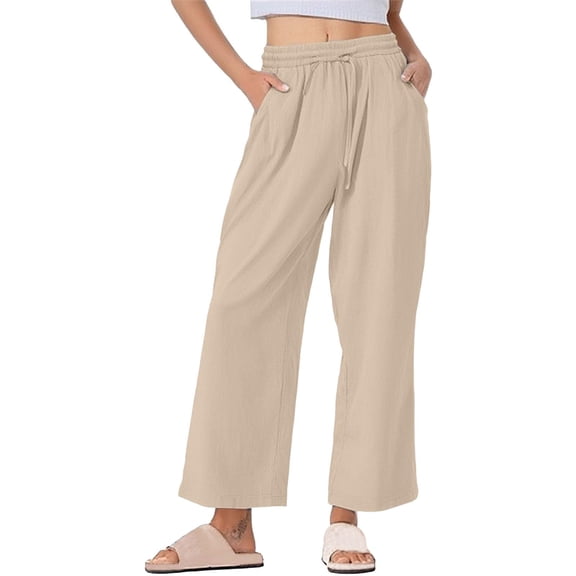 UAMVSH Wide Leg Pants for Women Plus Size Cotton Linen Ladies Palazzo Beach Vacation Pants with Pockets Elastic Waist Drawstring Lounge Pants