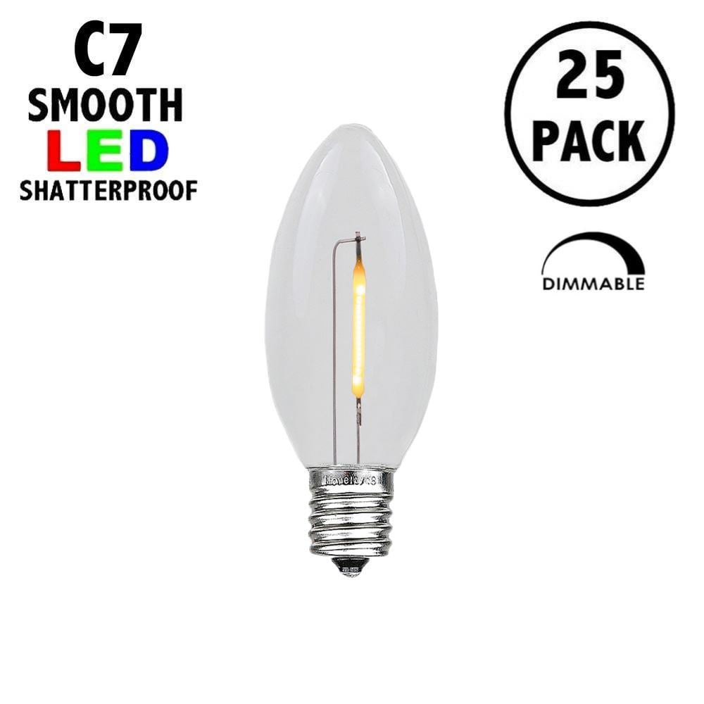 Novelty Lights 25 Pack C7 LED Filament Bulbs, Warm White Shatterproof Plastic Replacement Christmas Lights, E12 Base, Indoor/Outdoor Strings, Dimmable