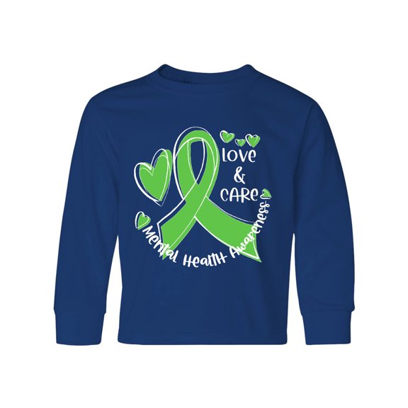 Inktastic Love and Care Mental Health Awareness Green Ribbon Long Sleeve Youth T-Shirt