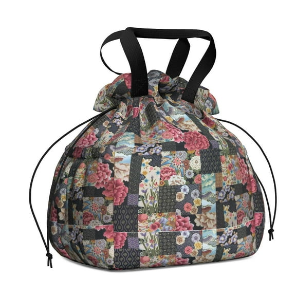 Pioneer Flower Drawstring Lunch Bag Women - Drawstring Lunch Bag Insulated for Work Office - Stain-Resistant Large Lunchbags for Women with Multi-Pockets