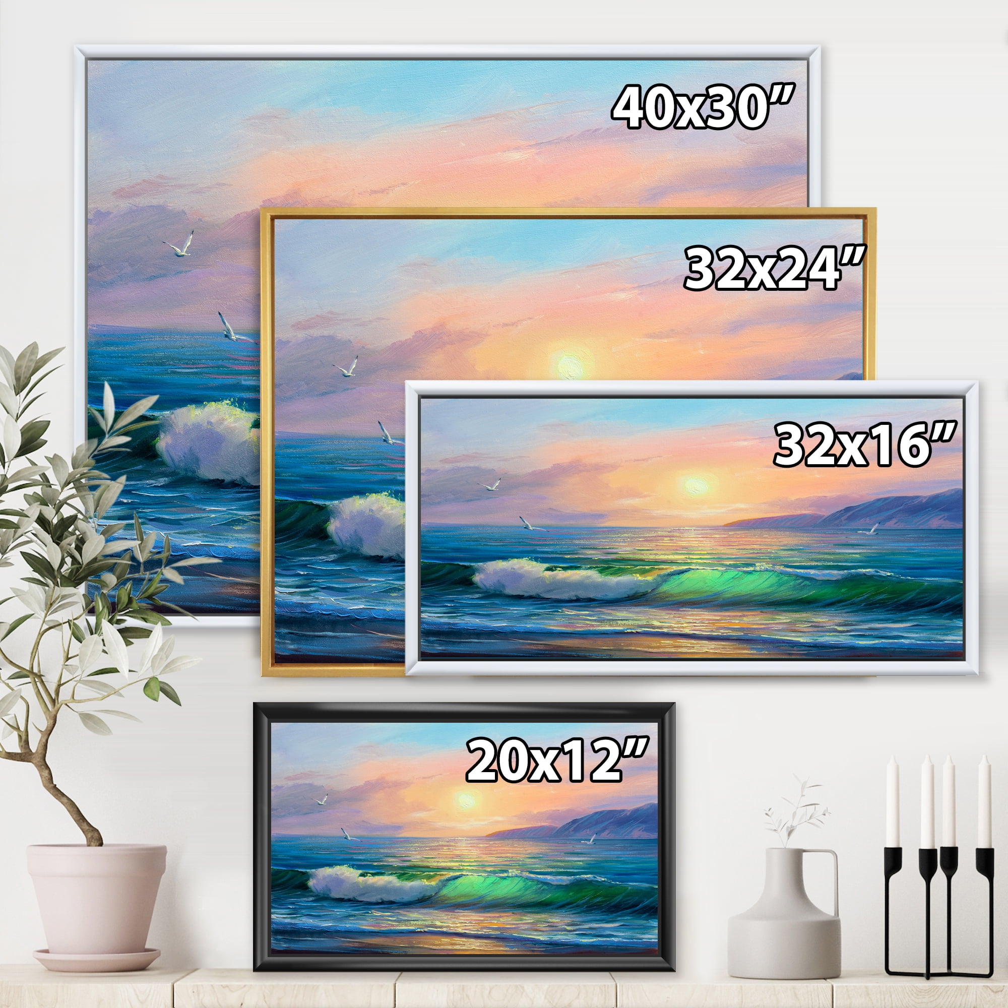 Designart 'Blue Waves Breaking At The Beach Landscape V' Nautical & Coastal Framed Canvas Wall Art Print
