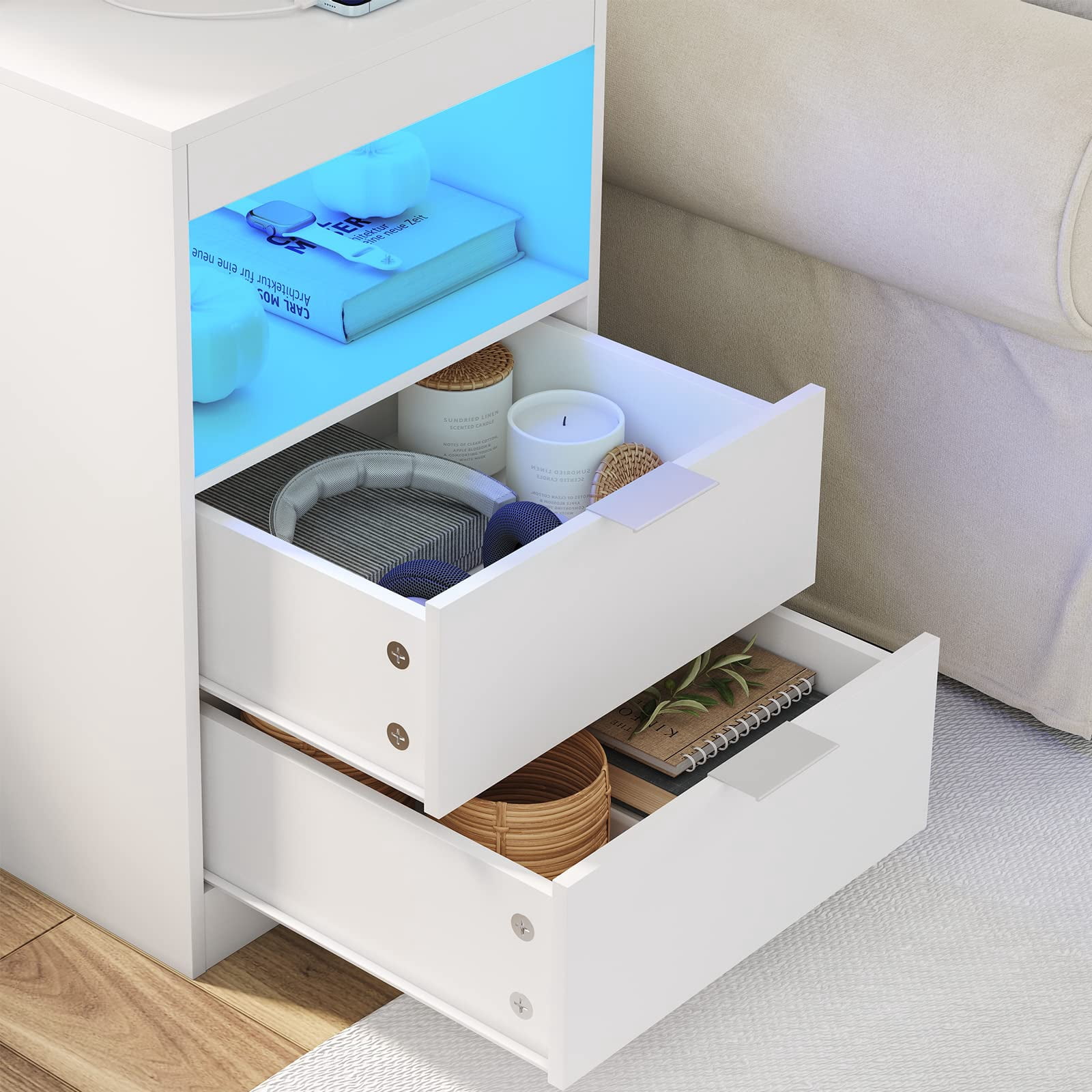 Set of 2 Nightstand with 2 Drawers,Nightstand with Wireless Charging Station and LED Lights, Modern Smart Bedside Table for Living Room Office,White