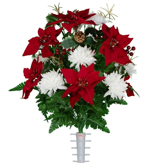 Sympathy Silks Artificial Cemetery Flowers 24" Red Poinsettias and White Mums with Holly and Pine Cones