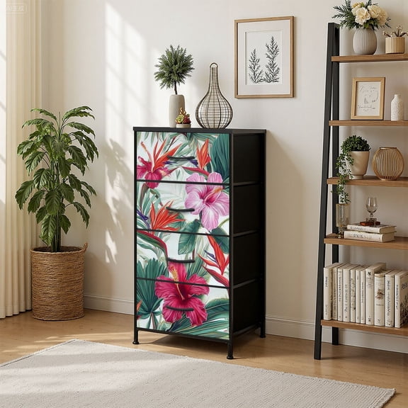 4 Drawer Vertical Storage Dresser Tropical flowers hibiscus orchid bird paradise flower palm leaves with Wood Top Fabric Pull Drawers