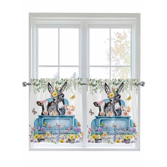 Animals Flowers 2 Panel Kitchen Curtains for Small Windows, Weeping Spring Floral Elegant Pastoral Bathroom Tier Curtain, Short Window Treatment for Bedroom/Living Room 55"x24"