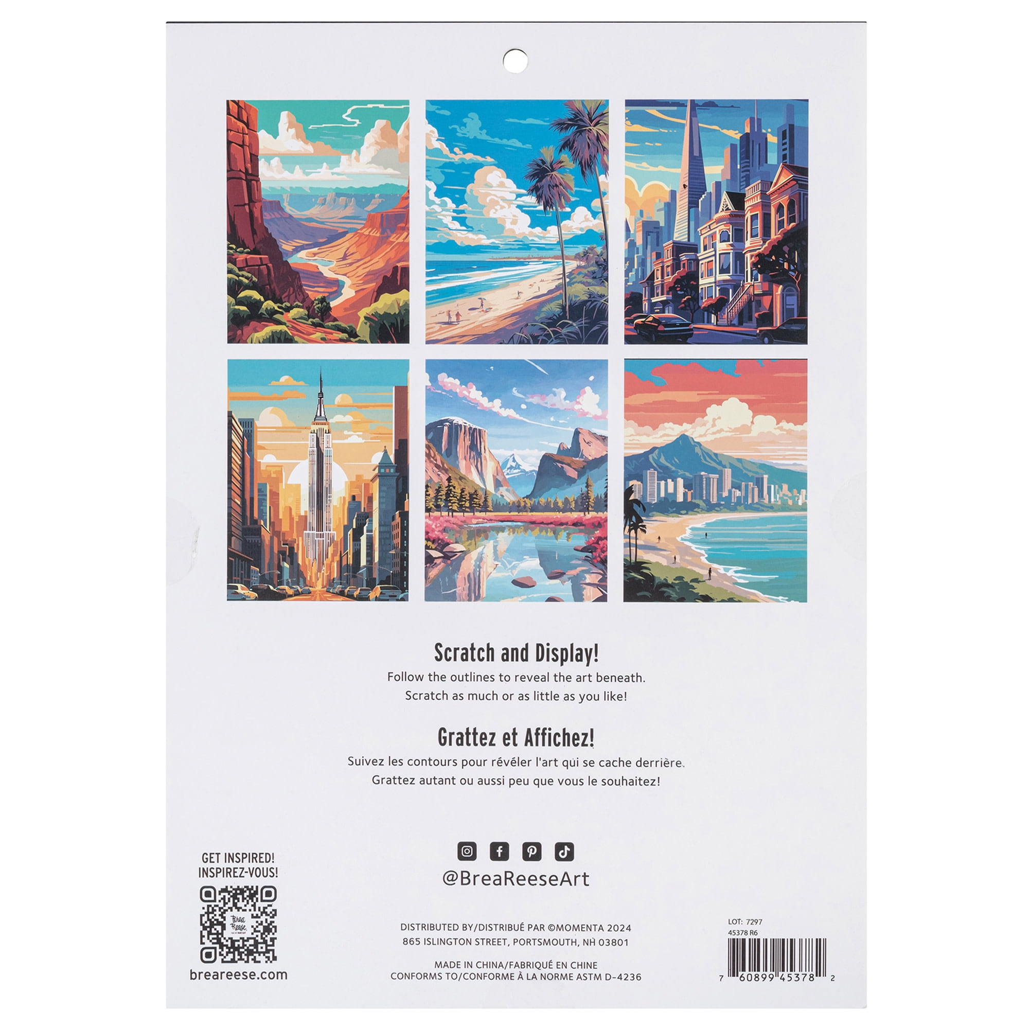 Brea Reese: Scratch Art Paper Pad - Destinations - 6 Designs, Metallic Guided Art, Dual-Tip Stylus & Brush, Easy-to-Frame 9x12" Pages, Adult Craft Kit