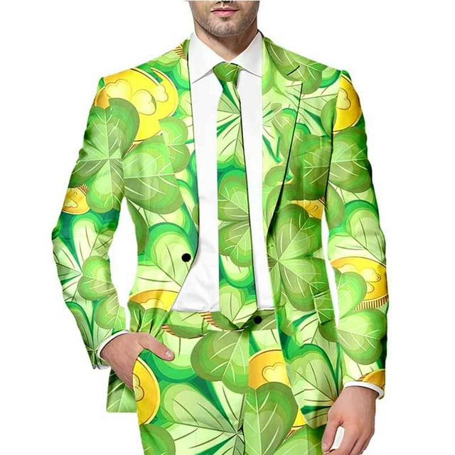 JHLZHS Jacket Suit for Men Fashion Mens St Patrick's Day Festive Style All over Printed Four Leaf Jacket Suit Mens Formal Suits Black Mens Slim Fit Suits 2 Piece
