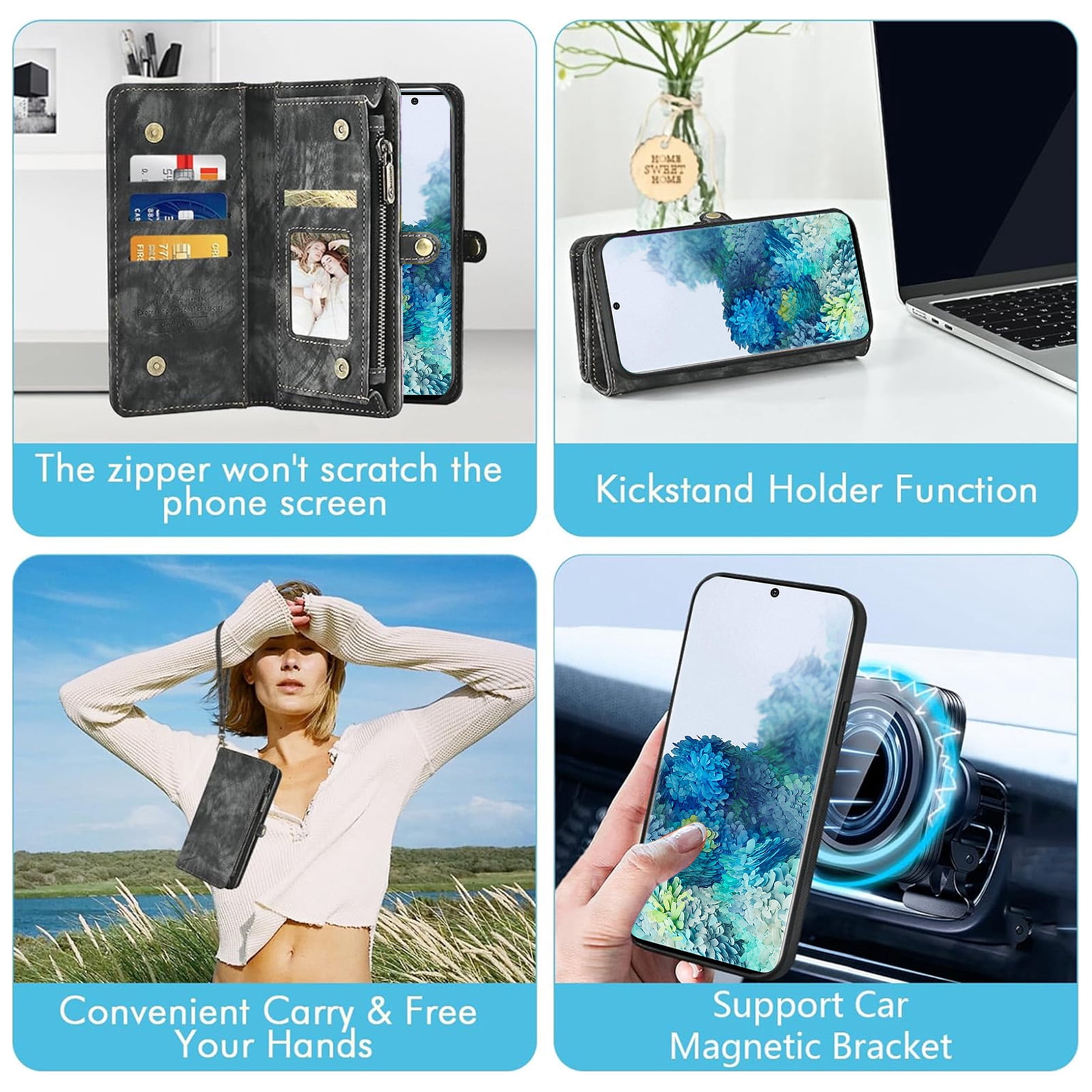Asuwish Phone Case for Samsung Galaxy S20 5G 6.2 inch Zipper Wallet Detachable Cell Cover with Tempered Glass Screen Protector Crossbody Lanyard Strap Flip Card Holder S 20 20S UW S2O G5 Women Black