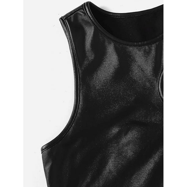 Women's Casual Faux Leather Tank Top Slim Fit Pu Leather Tank Top