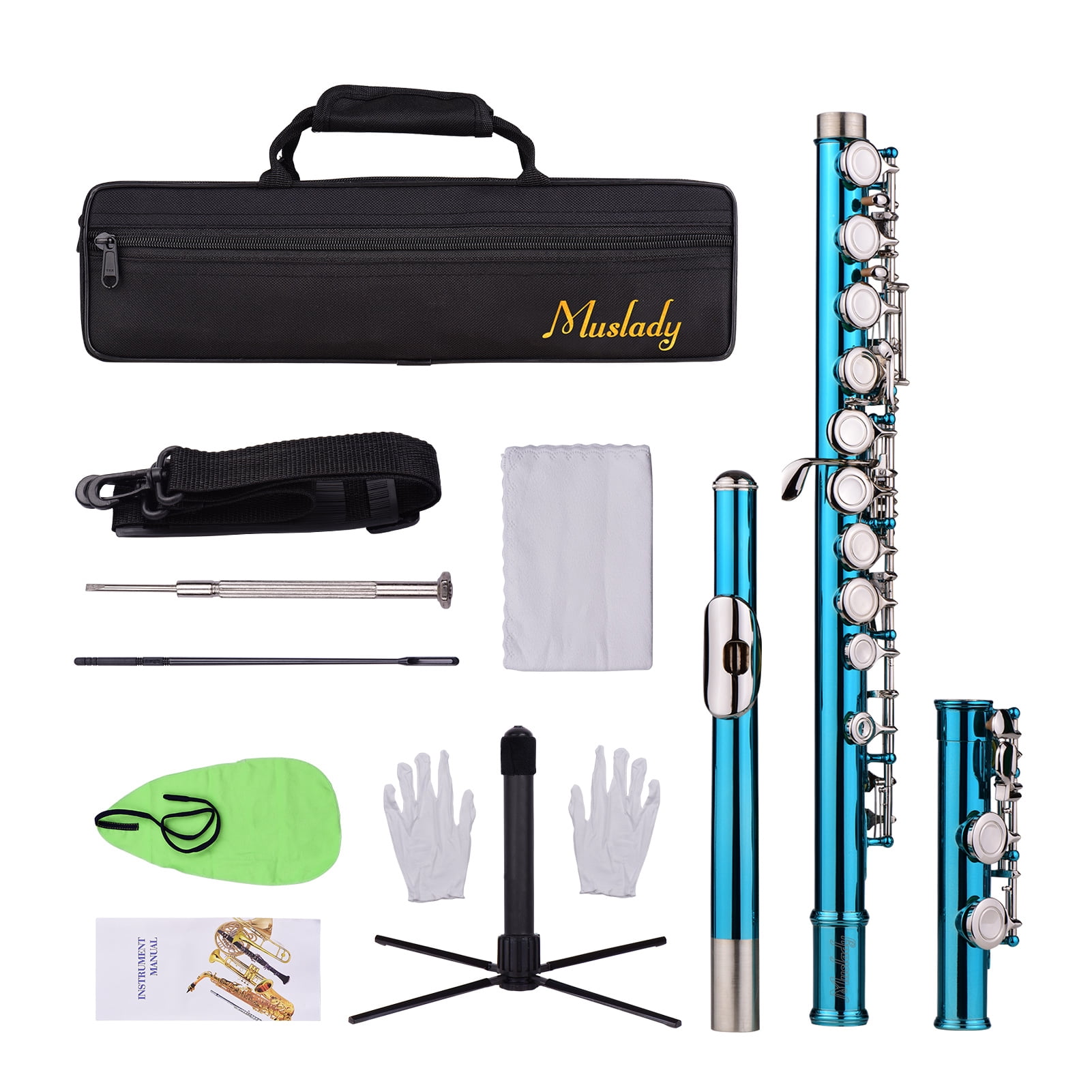 Muslady Closed Hole C Flute 16 Keys Cupronickel Nickel-plated Wind Instrument with Carry Case Flute Stand Gloves Cleaning Cloth Mini Screwdriver Cleaning Rod