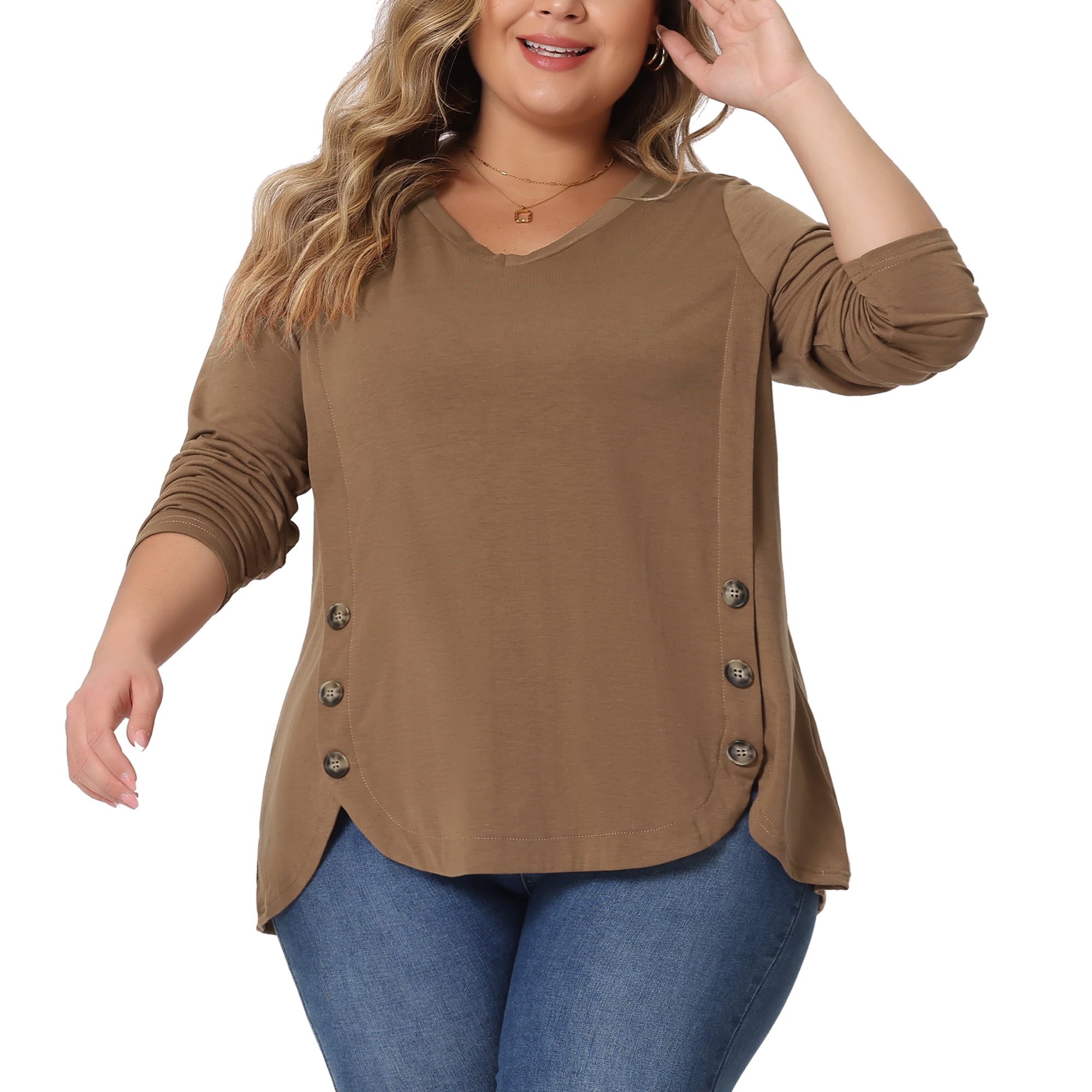 DARING DIVA Women's Plus Size Long Sleeve Button Side Swing Blouses 5X Brown