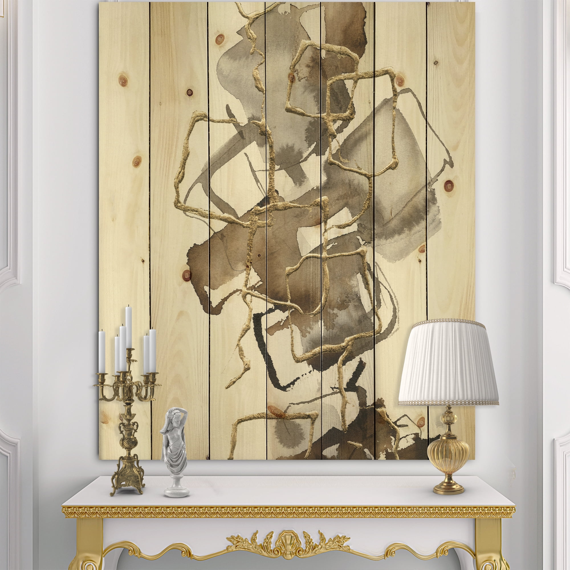 Designart 'Abstract Gold Glam Squares III' Modern & Contemporary Print on Natural Pine Wood