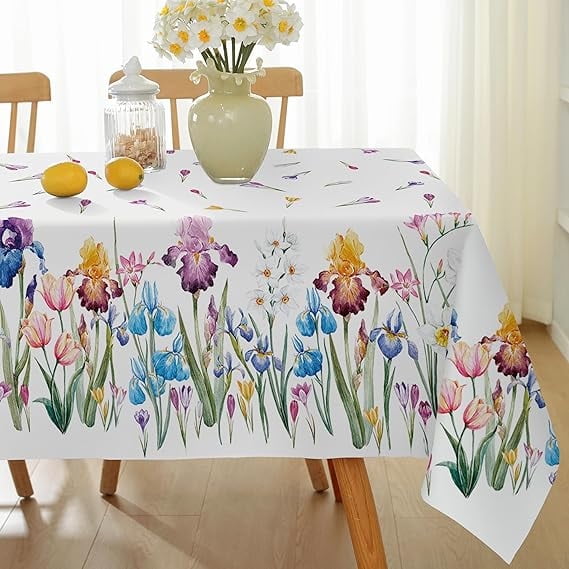 Spring Summer Tablecloth Rectangle, Wild Flowers Floral tablecloths, Stain Resistant Wrinkle Free Table Covers Table Cover for Party Picnic Dinner Decor, Whiter