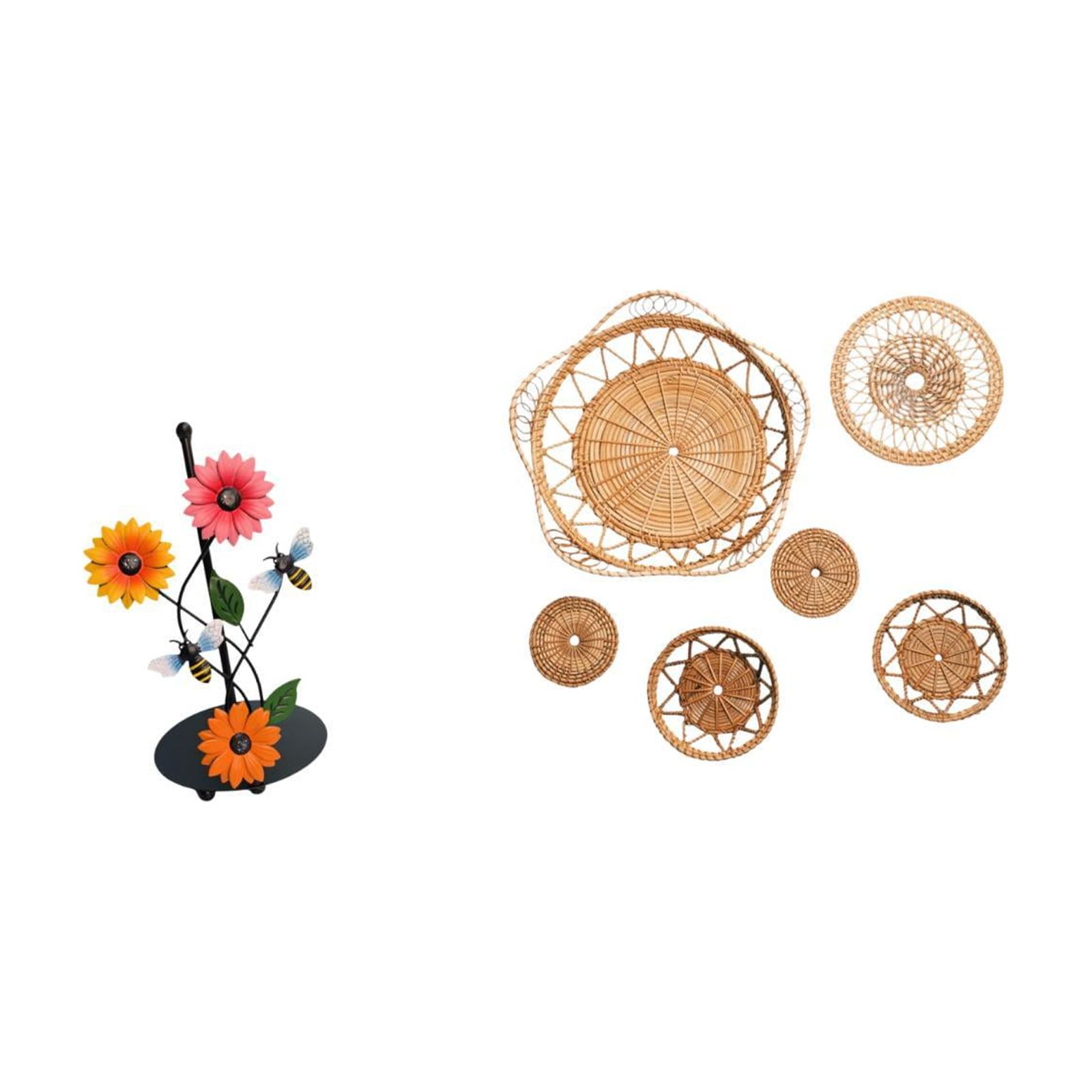 Fiocias Toilet Paper Holder Set with Rattan Woven Wall Hanging Decor Iron Paper Towel Holder Countertop Handicraft Ornament Suitable for Kitchen Dining Room L