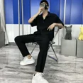 thumbnail image 3 of Conjunto de camiseta y pantalón negro para hombre, conjunto de entrenamiento, nailon, liso, pantalones para hombre, talla S, poliéster, dos piezas, estilo coreano, básico elegante 2024, 3 of 5