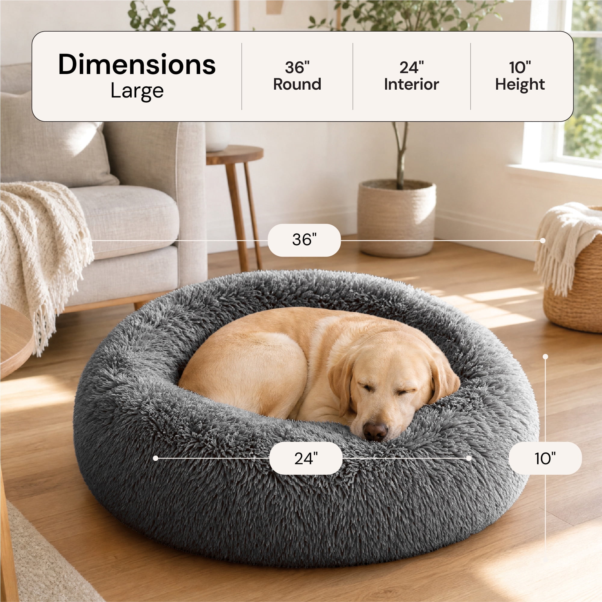 Furhaven 36" Round Calming Donut Dog Bed with Washable & Removable Cover & Bolster - Shaggy Plush Long Faux Fur Ball Bed - Mist Gray, For Dogs Up to 75 lbs, Large