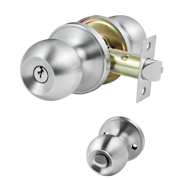 KFFKFF Keyed Entry Door Knob, Satin Nickel Finish with Round Ball Design, Exterior Key Lock and Interior Thumb Turn, Durable Metal Construction, Ideal for Bedrooms and Bathrooms