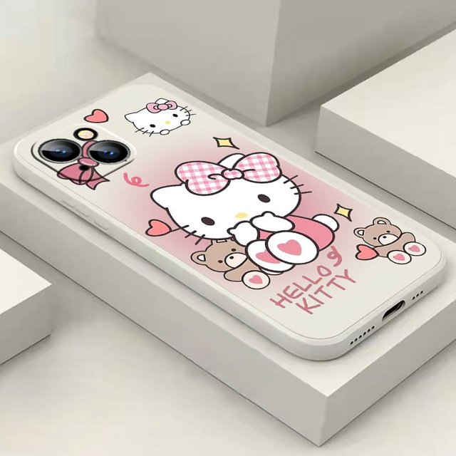 Cartoon Hello Kitty Cat Phone Case For iPhone 15 14 13 12 11 Pro Max Plus 12 13 Mini X XS Max Black Shell Shockproof Back RJ