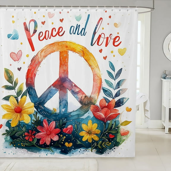 Hippie Peace Bathroom Shower Curtain Sets Decroative Boho Hippie Flowers Shower Curtain 72" W X 72" L,Bohemian Peace Sign Fabric Shower Curtain Floral Bath Curtain for Bathroom,Teal