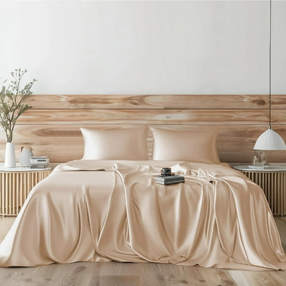 ERDS-Satin Sheets Bed Set 4 Pcs, King Size Silky Bedding Set, Soft and Durable Pillowcase, Flat Sheet and Fitted Sheet, Hotel Luxury Bed Sheets Set(King, Champagne)