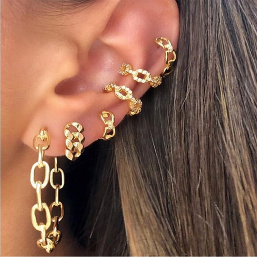 Fashion Handcuff Rhinestone Hoop Earrings Boho Piercing Multiclor Gold Long Chain Crystal Double Piercing Chain Drop Earrings for Women Men Party Gifts Jewelry