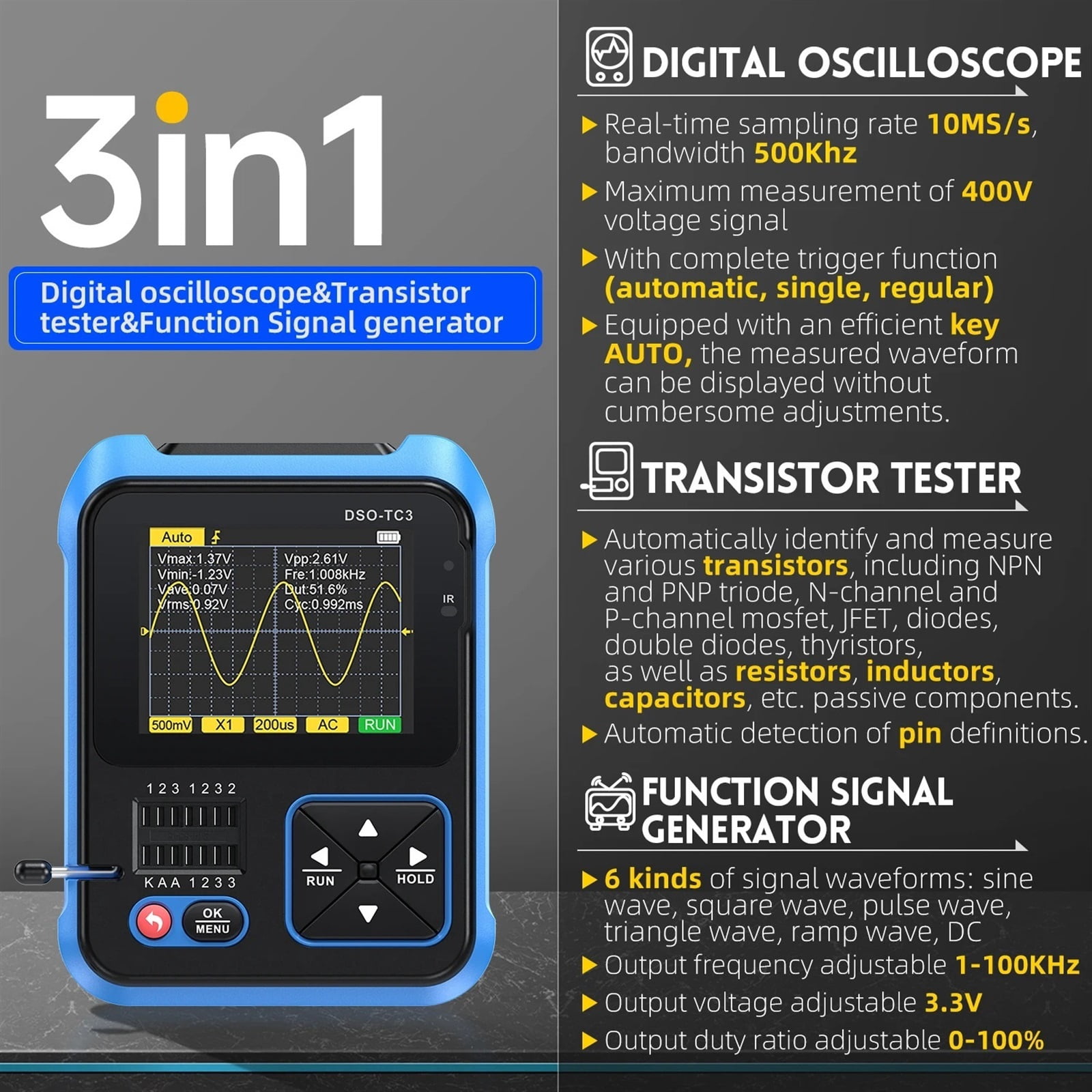 DSO-TC3 Portable Oscilloscope Transistor Tester 2-in-1 Multifunction Multimeter Resistance Meter LCR Test ,Easy to Operate