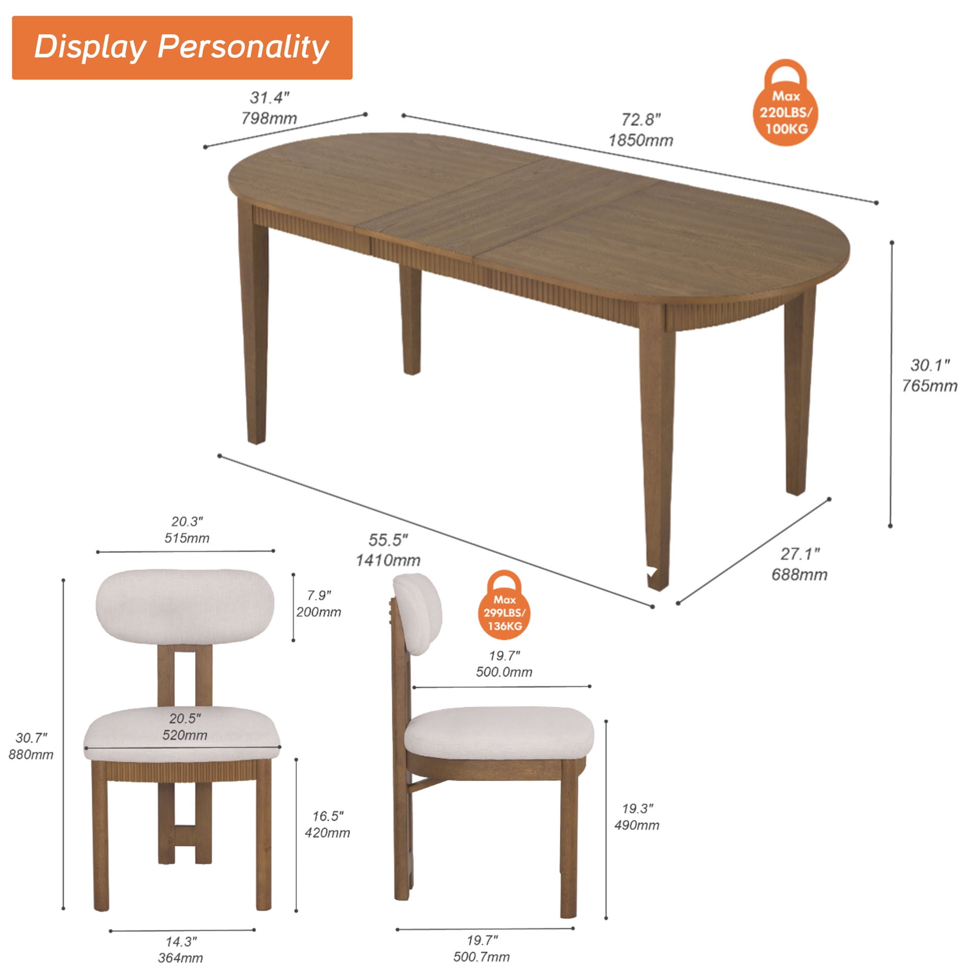 5 Piece Modern Dining Table Set, 73" Solid Wood Oval Dining Table with 4 Polyester Chairs, Dining Set with Fluted Apron for Kitchen & Dining Room