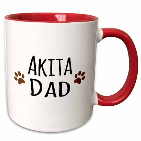 Akita Porcelain - 3dRose Akita Dog Dad with muddy brown paw prints - doggie by breed - doggy love lovers - Two Tone Red Mug, 11-ounce