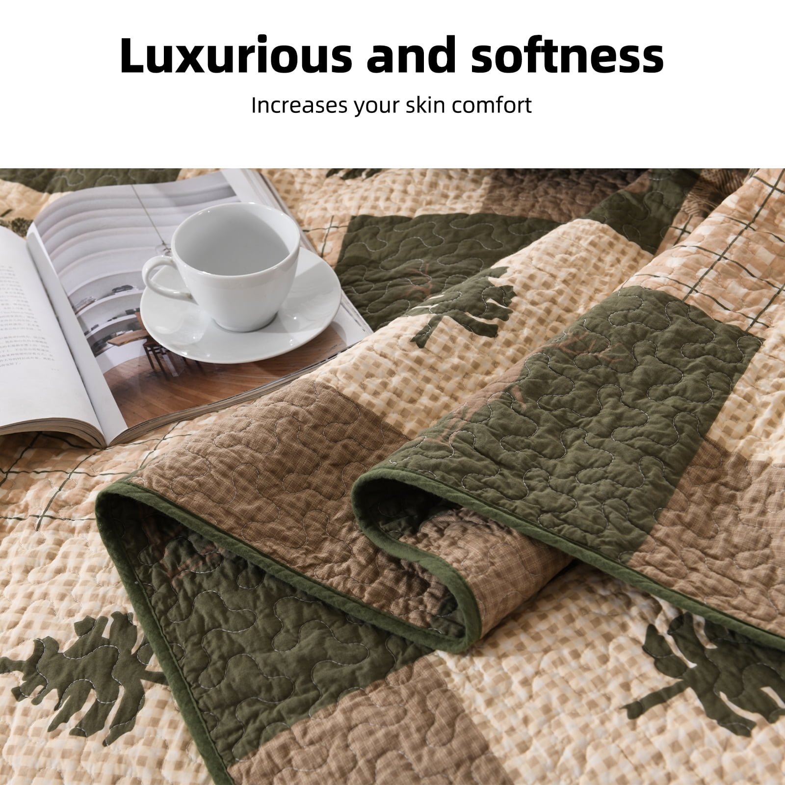 PANGUSHAN 100% Cotton King Quilt Set, Farmhouse Plaid King Size Quilt Bedding Set Bedspreads, Reversible Quilted Lightweight Comforter, Beige/Grayish Green/Brown Bed Spread for King Bed, 3pcs