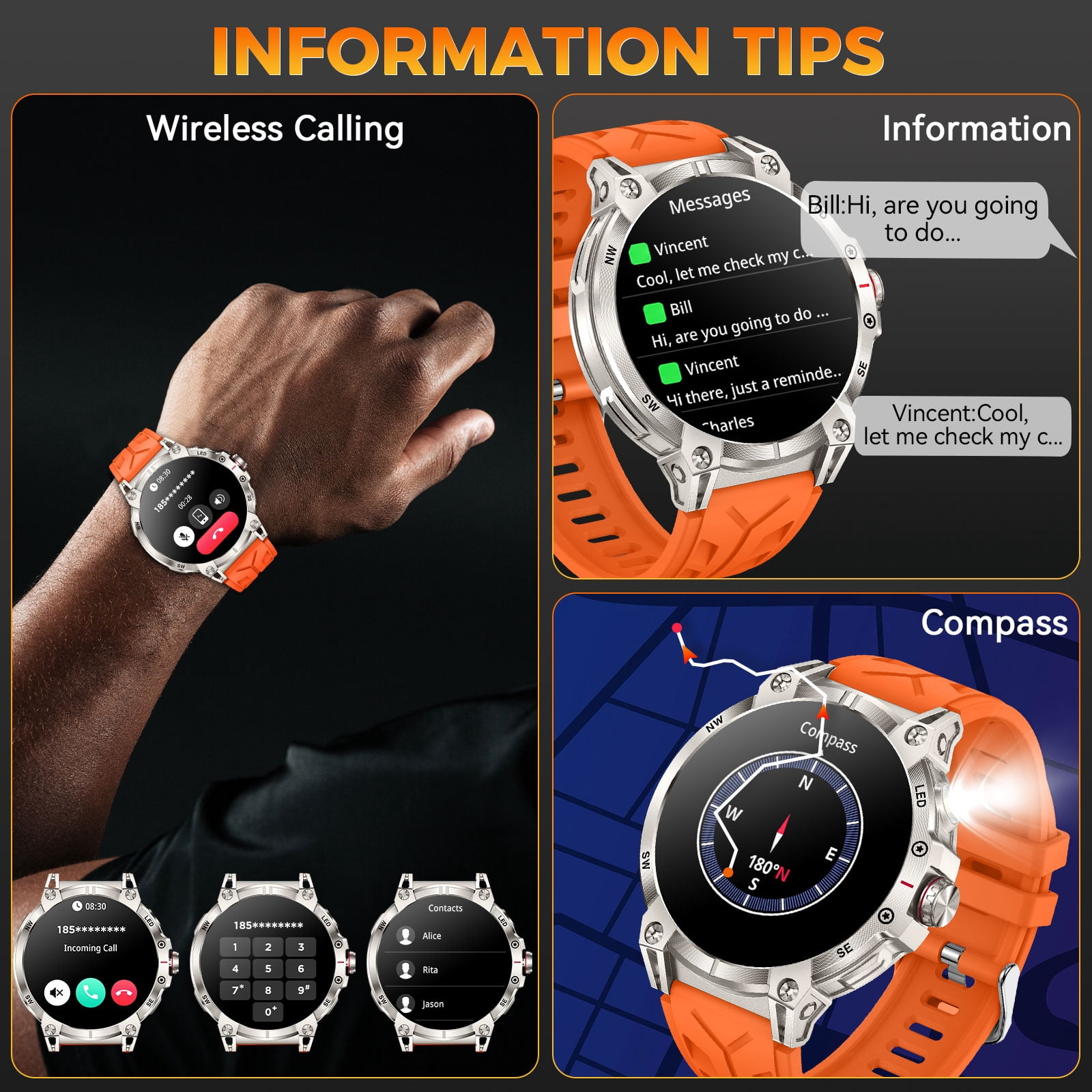 XAXRE KC89 Smart Watch for Men(Answer/Dial Calls)with LED Flashlight 760mAh Battery 100+ Sports Modes Sport Watch 1.85” HD Smartwatches for iOS Android, 1pc