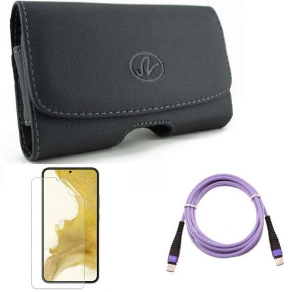 For Samsung Galaxy S21 (6.2") - Long Charger Cord Type-C to USB-C Purple 6ft PD Cable   Anti-Glare TPU Film Matte Screen Protector   Swivel Leather Case Belt Clip
