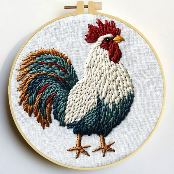 Punch Needle Kits A Rooster Embroidery Starter Set with Hoop Easy for Beginners DIY Stress Relief Handmade Craft Hobby and Home Decor 20x20cm-1