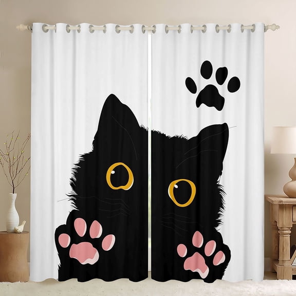 jejeloiu Cute Cat Paw Black Out Curtains Kids,Kawaii Animal Footprint Simple Black White Curtains Pack of 2 (42x63 Each) For Girls