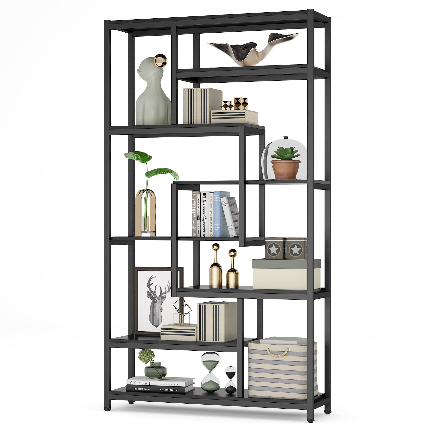 Tribesigns 75” Tall Bookshelf, 11-Shelves Staggered Bookcase with Unique  Arc-Shaped Design, Industrial Etagere Shelving Unit Storage Display Shelves