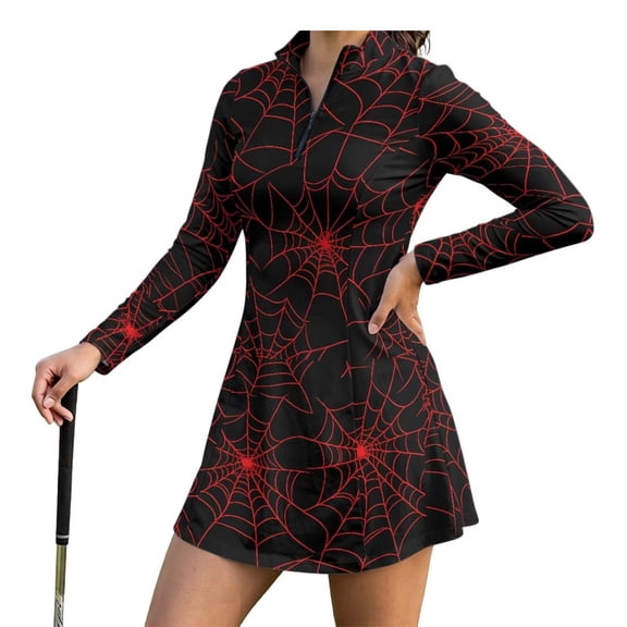 Yuyamidu 2 Pieces Red Cobweb Womens Tennis Dress with Built in Shorts Halloween Long Sleeve Golf Dresses Athletic Workout Dress with Pockets Pickleball Outfits Size XL