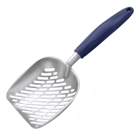Aluminum Cat Litter Scoop, Metal Poop Scooper With Long Handle, Large Slanted Pattern Design, C Dark Blue Handle - For Cat Owners, Daily Litter Box Cleaning, Indoor Outdoor Use