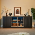 thumbnail image 3 of 64 Inch Buffet Rattan Cabinet with Storage, Farmhouse Fluted Sideboard with Adjustable Shelves and 2 Doors, LED Light, Wood Console Table Credenza for Dining Room, Living Room, Black, 3 of 8