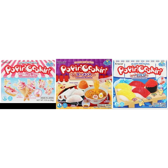 3 Pack Kracie Popin Cookin DIY Candy Kit, 3 Mixed Flavor (Cakes,Ramen,Sushi) Plus NineChef Brand Long Handle Coffee Spoon